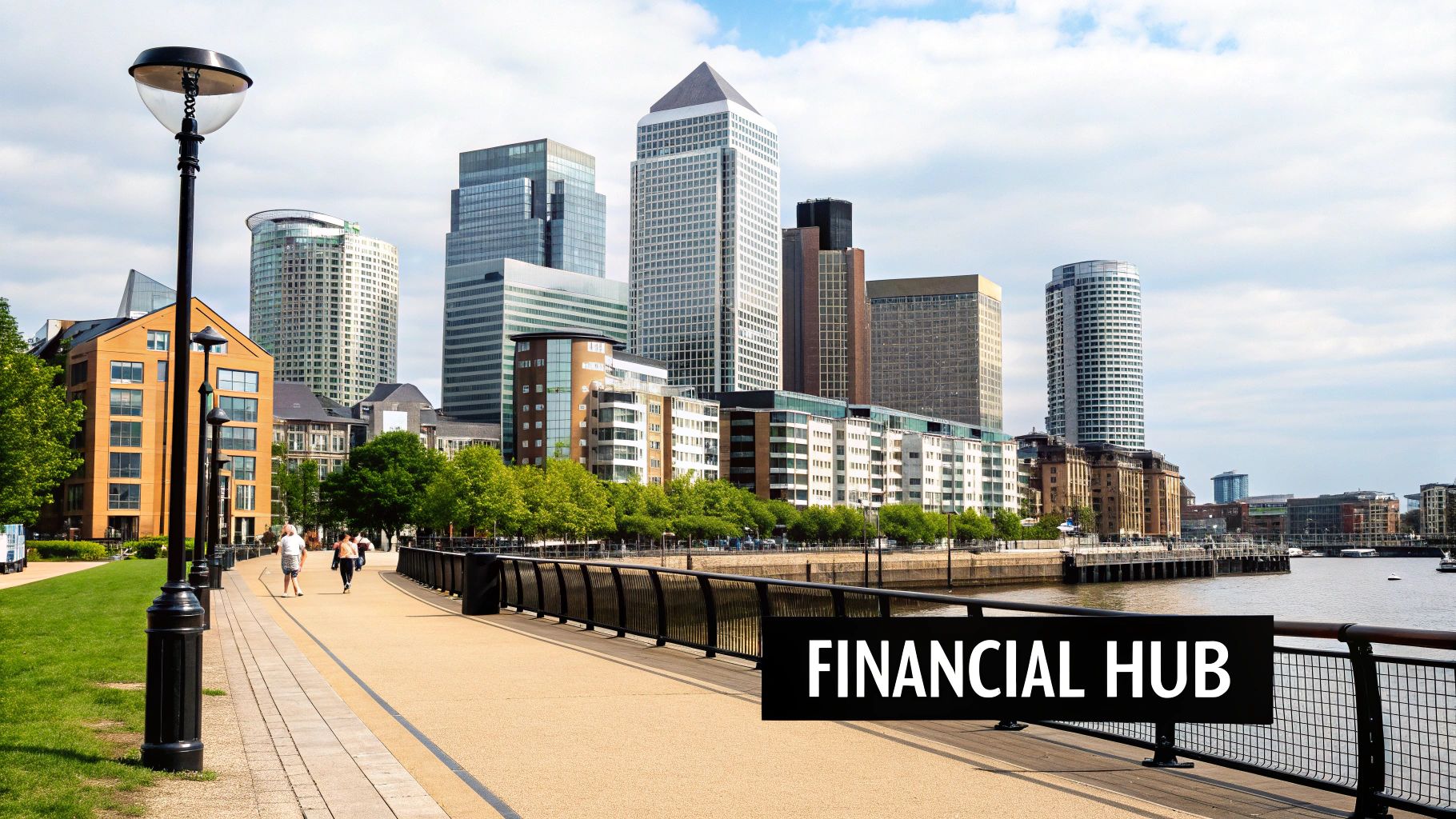 A scenic view of London's financial district, Canary Wharf, featuring modern skyscrapers, a waterfront, and a pedestrian promenade.