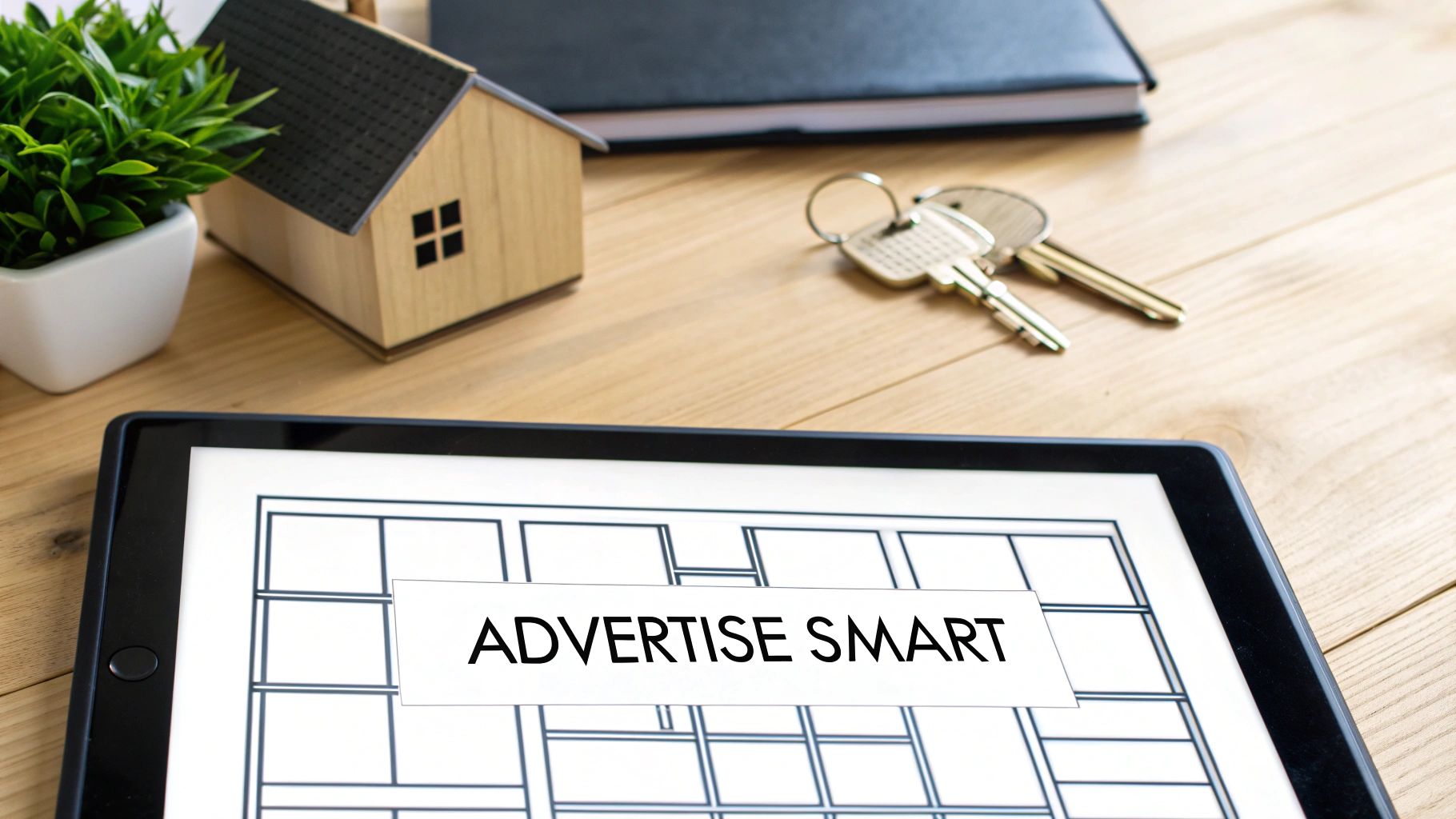 A tablet displaying 'ADVERTISE SMART' with a house model, keys, and plant on a wooden desk.