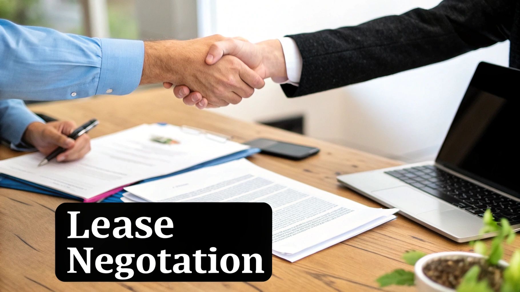 Two people shaking hands over documents and a laptop, with 'Lease Negotiation' text.