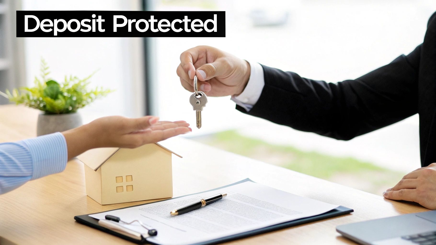 A real estate agent hands house keys to a renter or buyer, with a contract and 'Deposit Protected' text.
