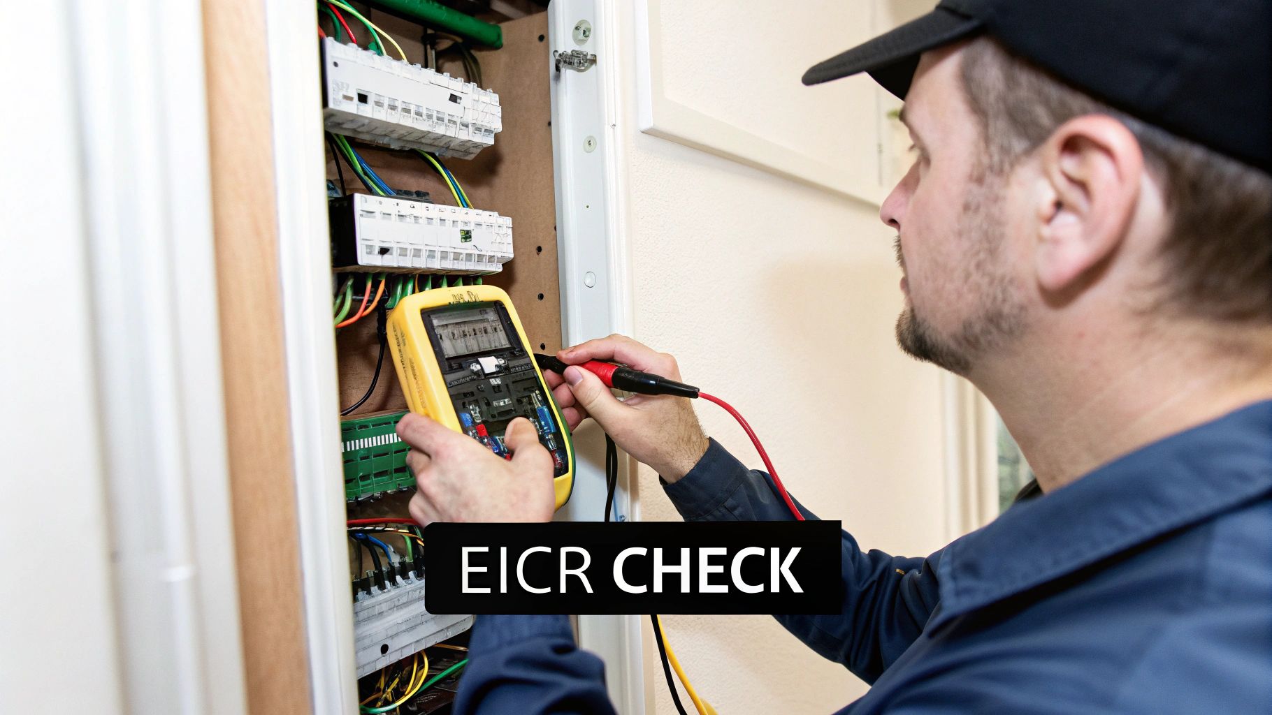 A professional electrician tests an electrical consumer unit using a yellow multimeter for an EICR check.