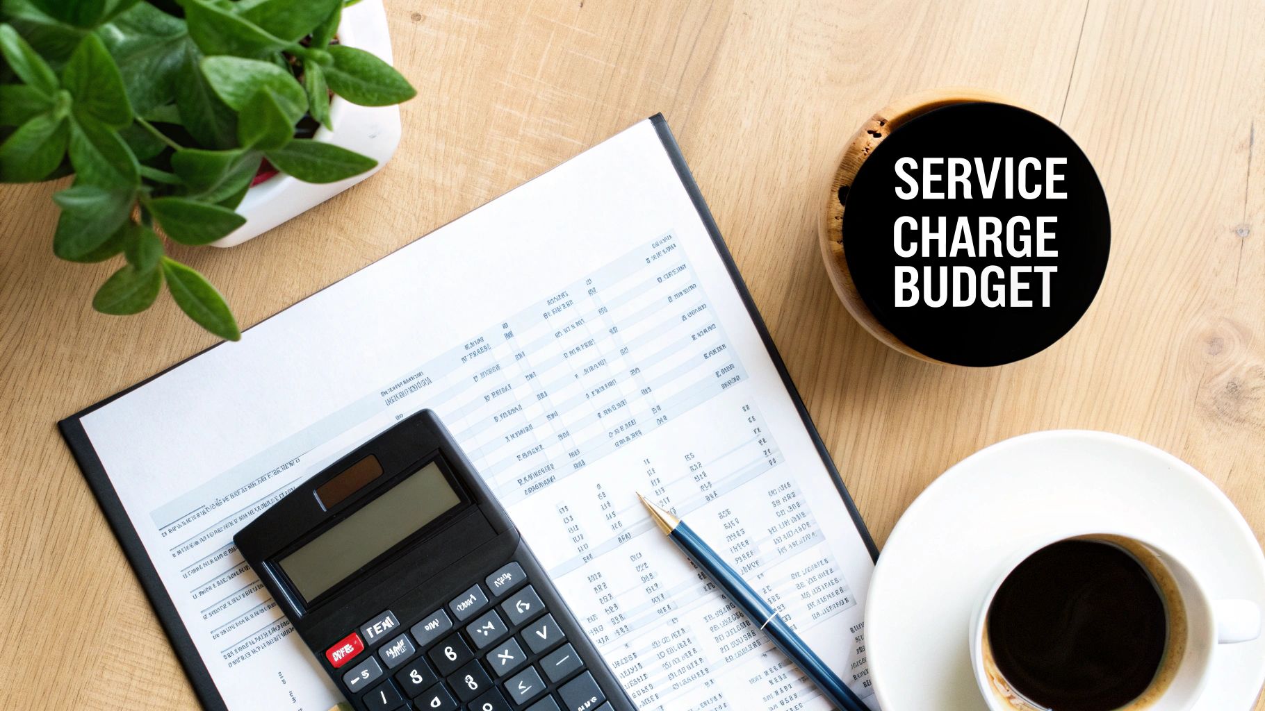 Calculator on financial spreadsheet with service charge budget text and coffee on wooden desk