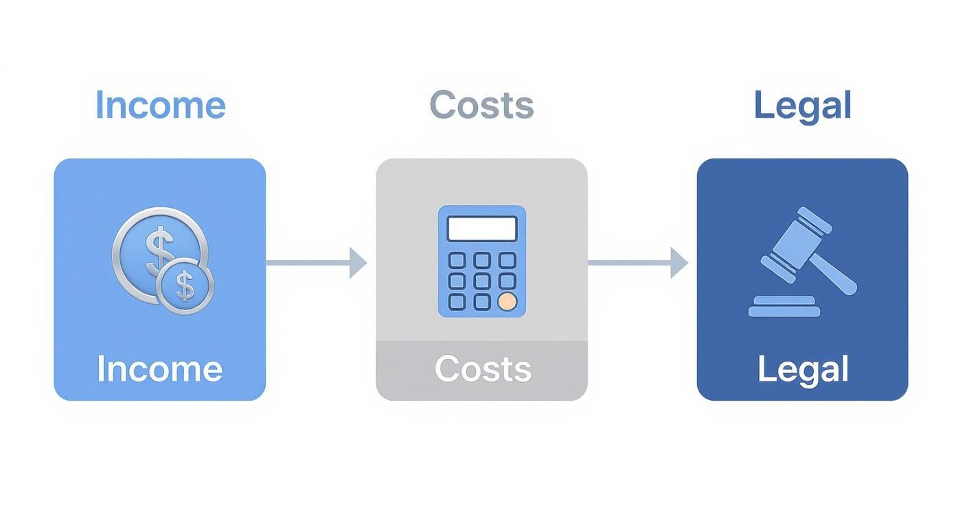 A diagram illustrating the financial process from income, through costs, to legal considerations with icons.