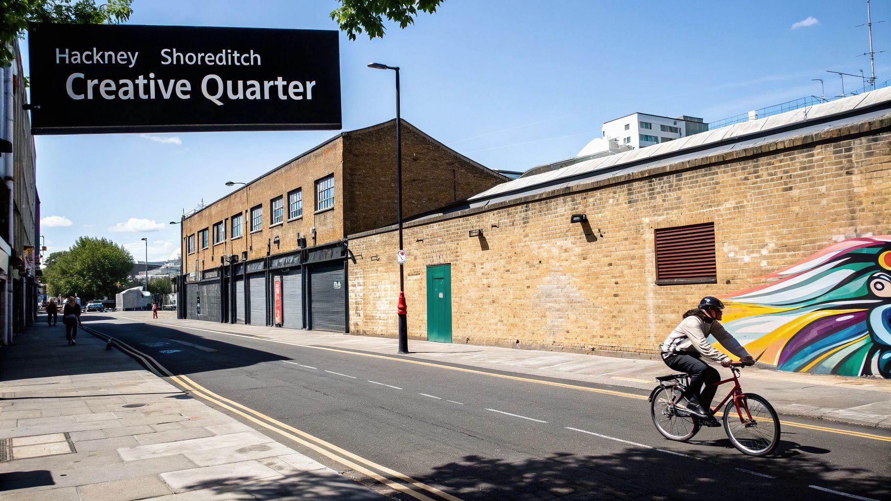 A cyclist rides on a sunny street in Hackney Shoreditch Creative Quarter, London.