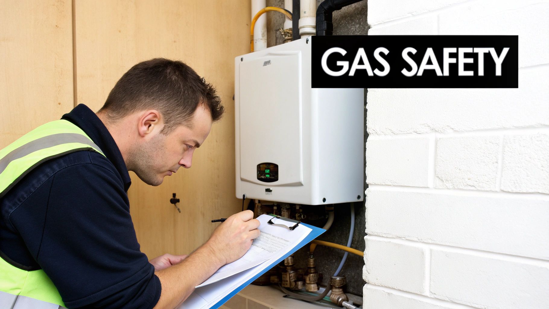 A man in a high-vis vest inspects a gas boiler, writing on a clipboard, with a 'GAS SAFETY' sign visible.