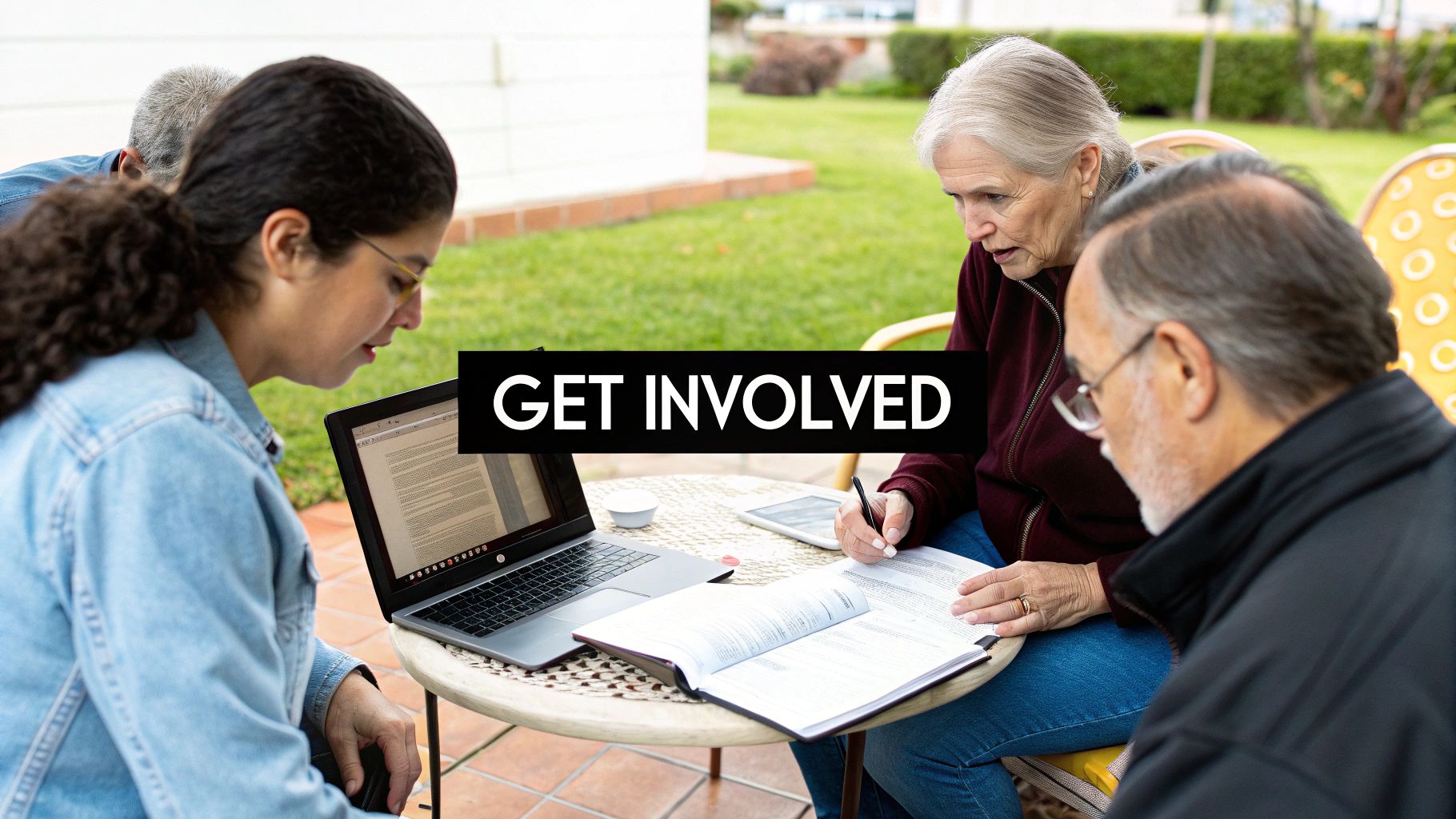 Diverse group of people collaborating outdoors with laptop and documents for community engagement