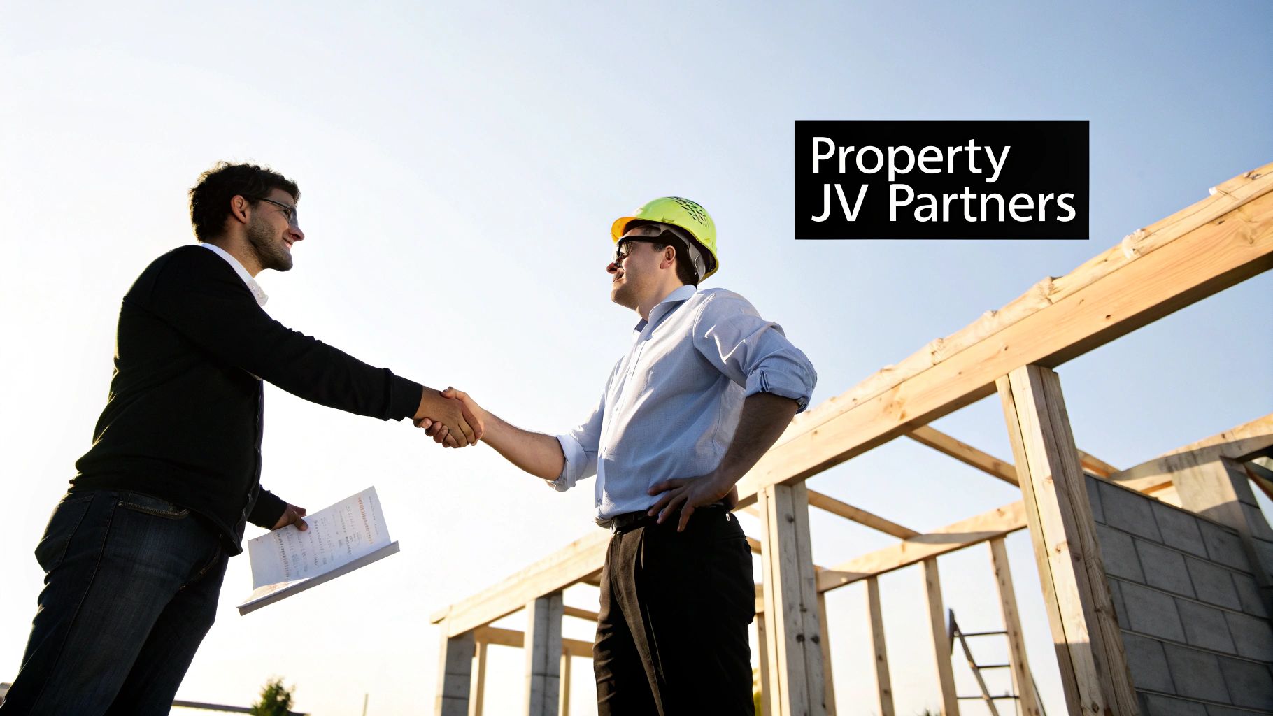 Two men, one a construction worker, shake hands, signifying a property joint venture.