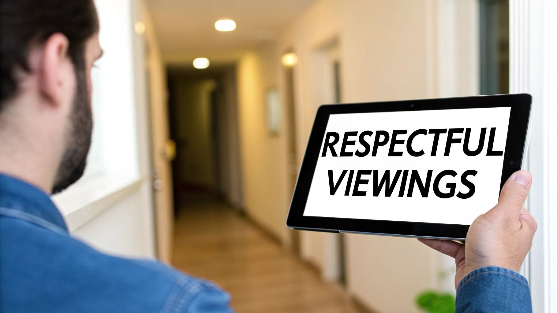 A person holds a tablet displaying 'RESPECTFUL VIEWINGS' in a softly lit hallway, from an over-the-shoulder view.