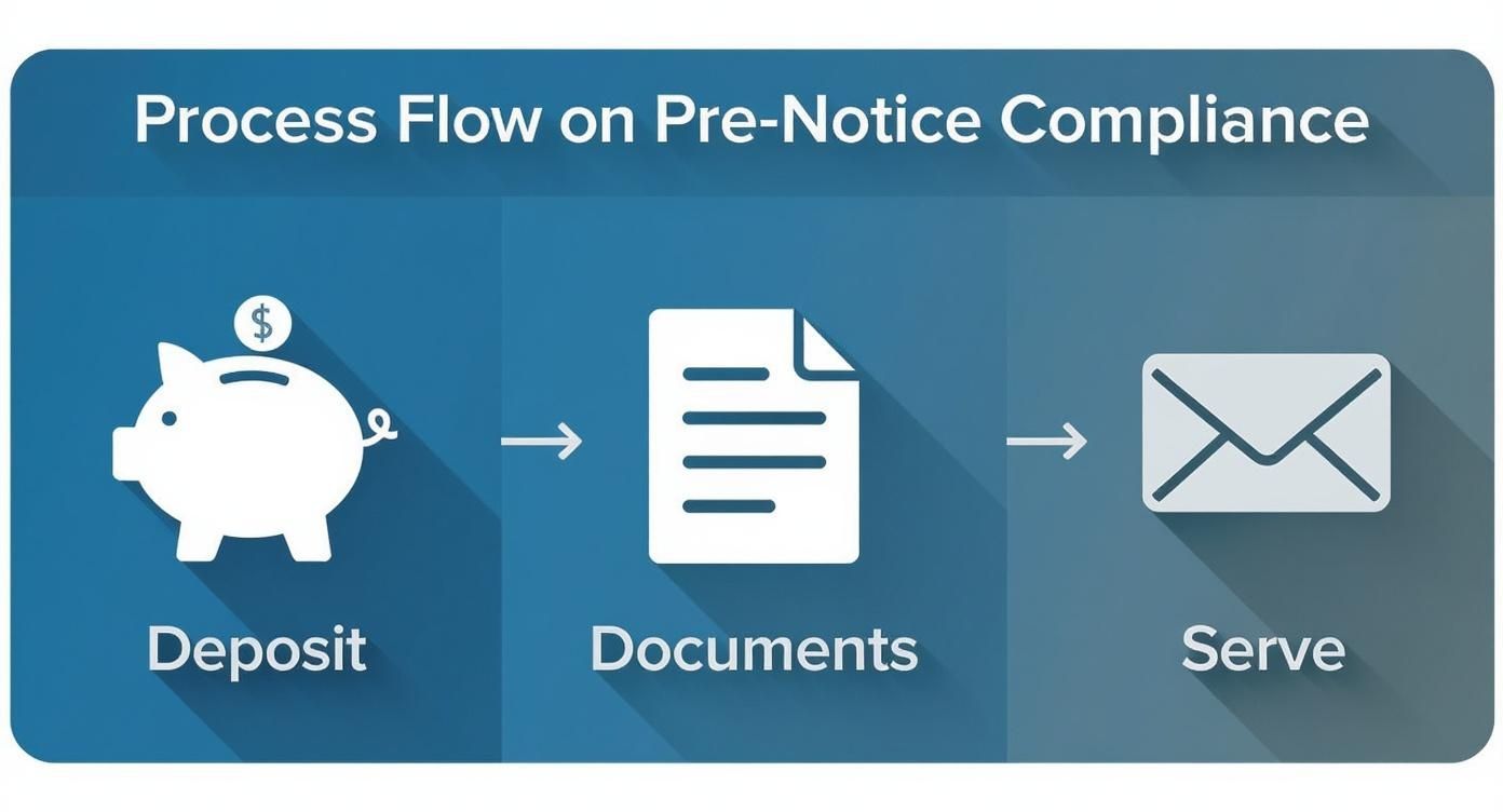 An infographic showing a three-step process: protecting the deposit, providing all required documents, and then serving the notice.