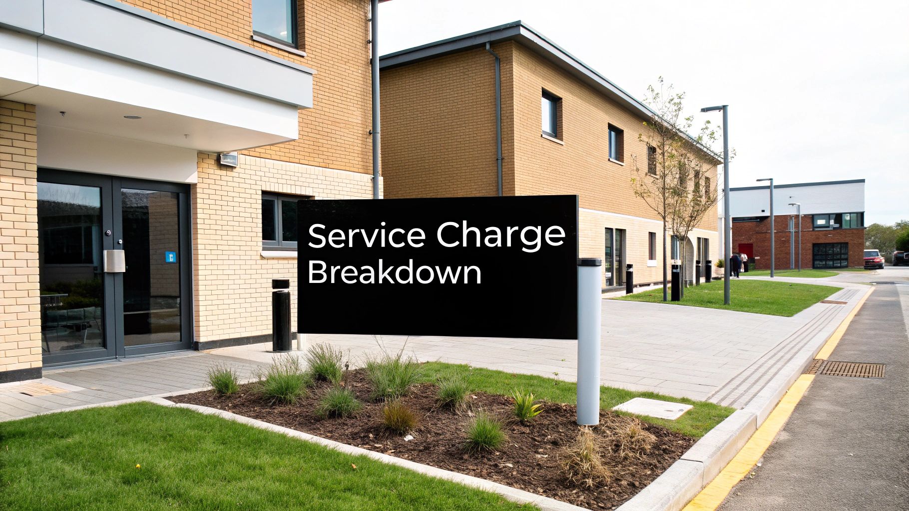 A black sign reading 'Service Charge Breakdown' in white text outside a modern building.