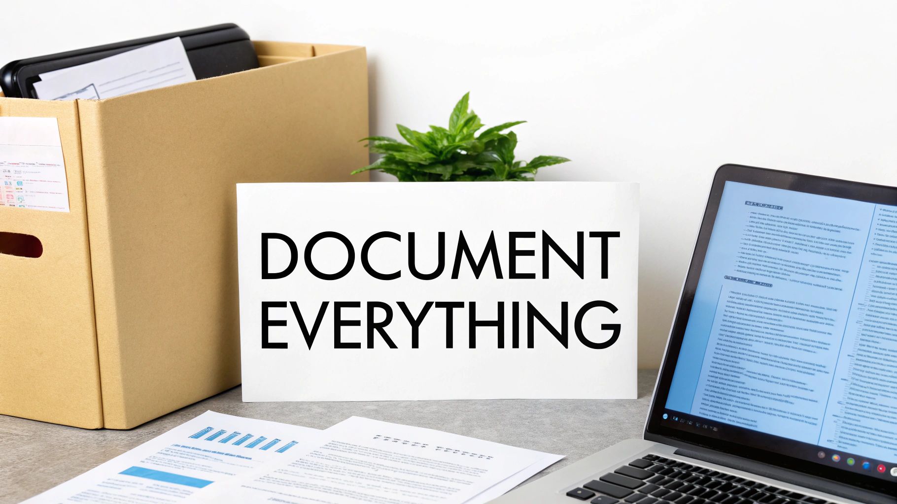 A desk with a prominent sign reading 'DOCUMENT EVERYTHING,' a laptop, files, and papers.