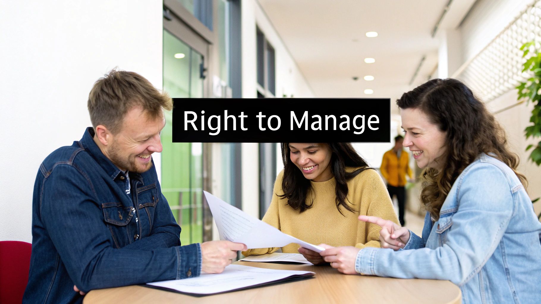 Three smiling people at a table discussing documents with 'Right to Manage' text overlay.