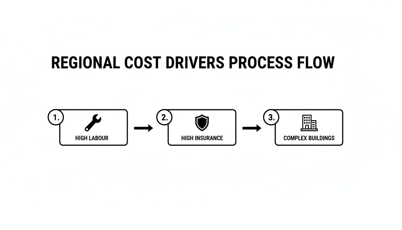 A process flow diagram illustrating regional cost drivers: high labor, high insurance, and complex buildings.