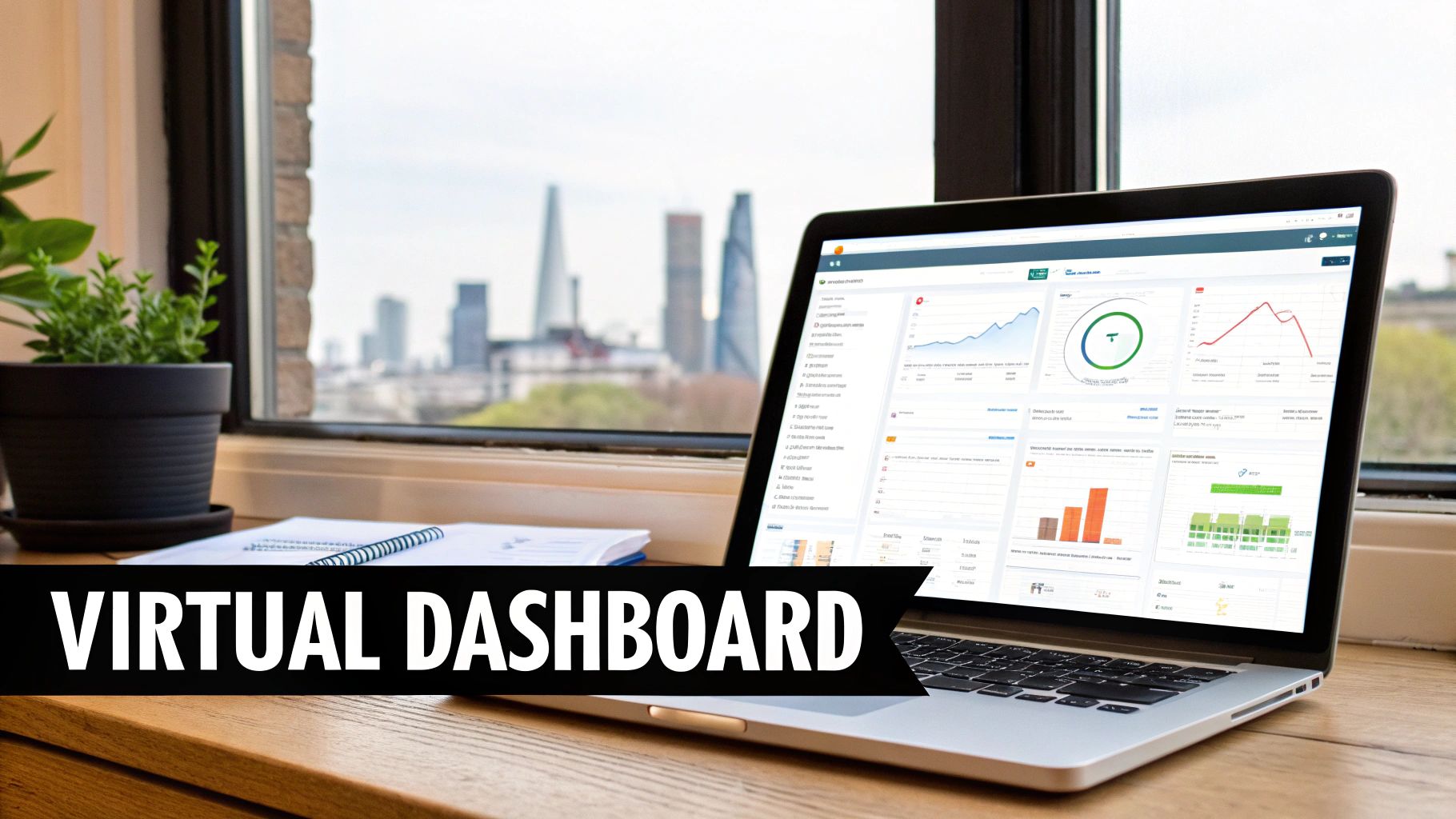 A laptop displaying a virtual dashboard with data visualizations sits on a desk overlooking a city skyline.