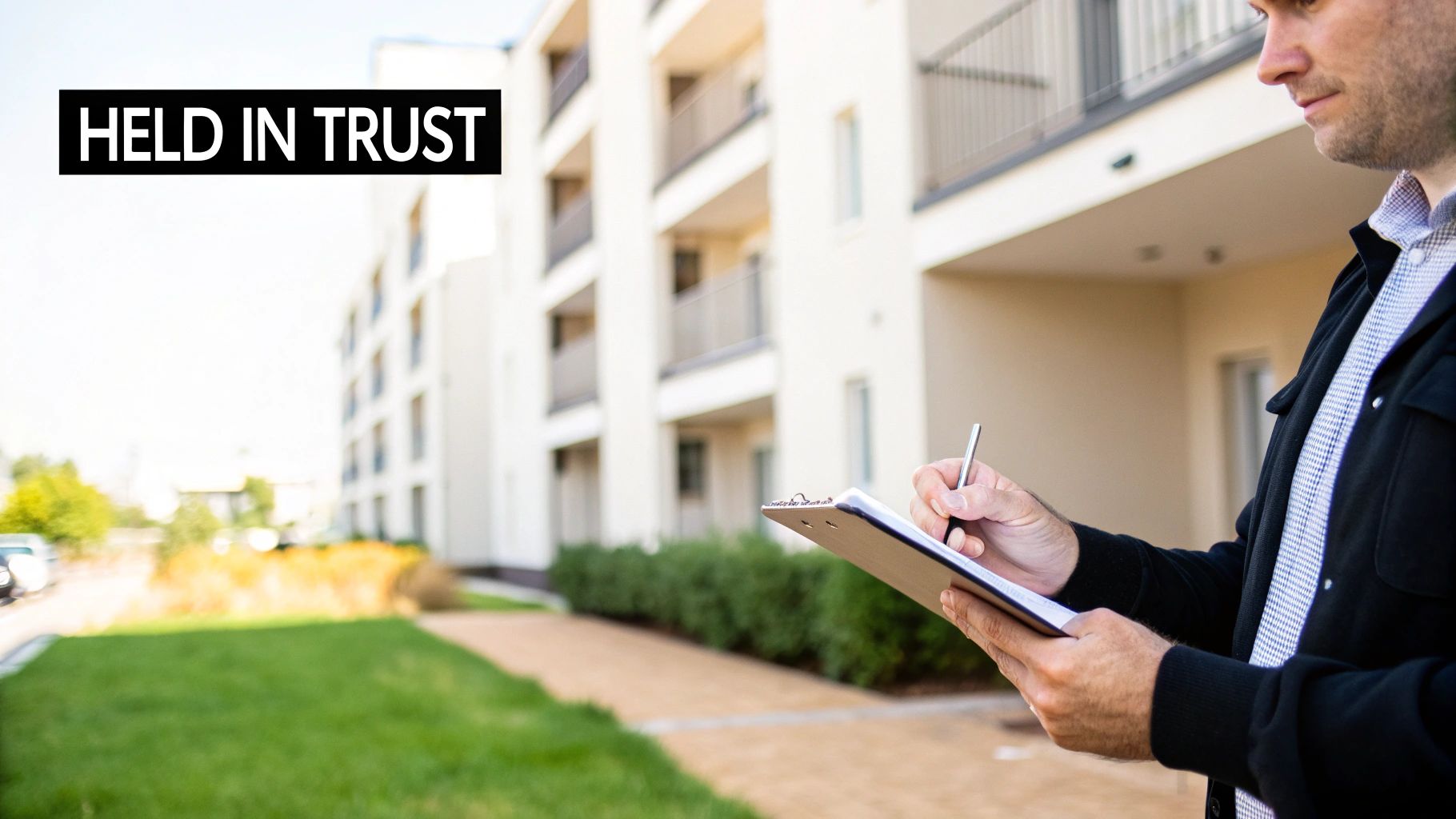 A man writes on a clipboard outside a modern apartment building, with 'HELD IN TRUST' text overlay.