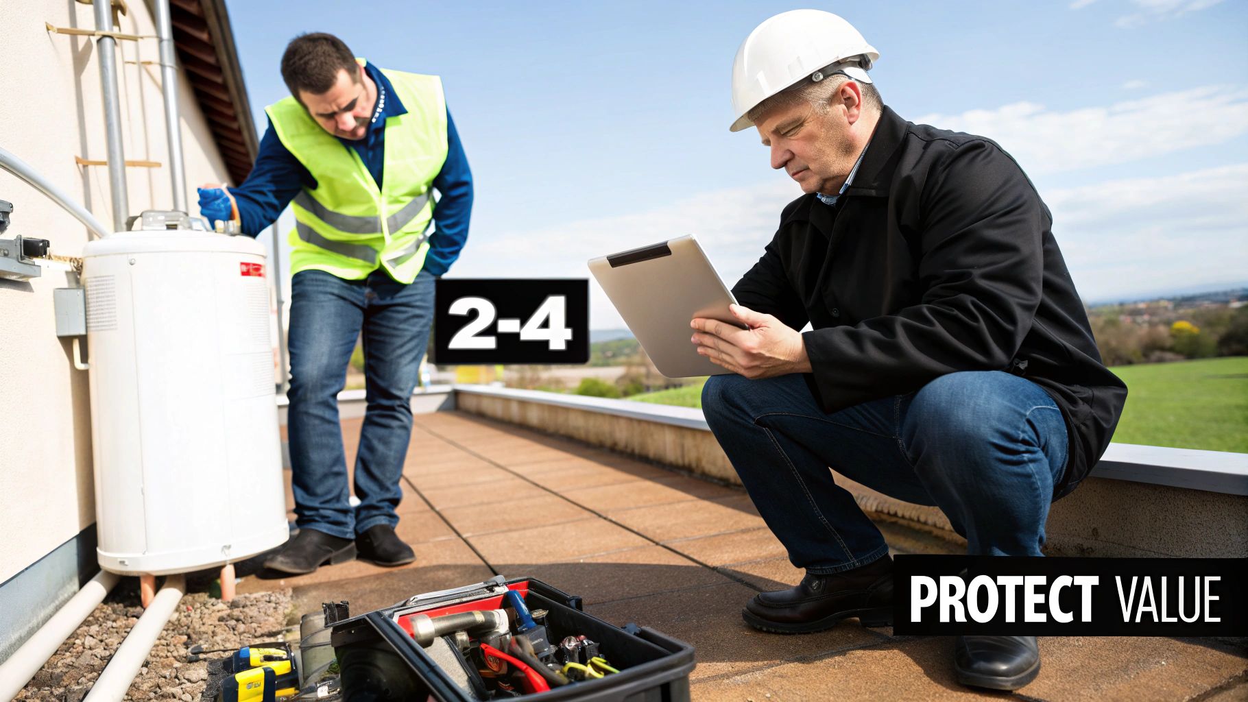 Two property management professionals inspect an outdoor water heater, using a tablet and tools.