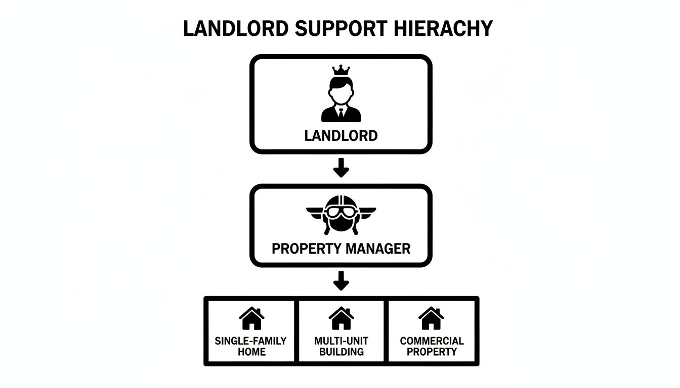 Hierarchy diagram illustrating landlord support, showing property managers handling single-family, multi-unit, and commercial properties.