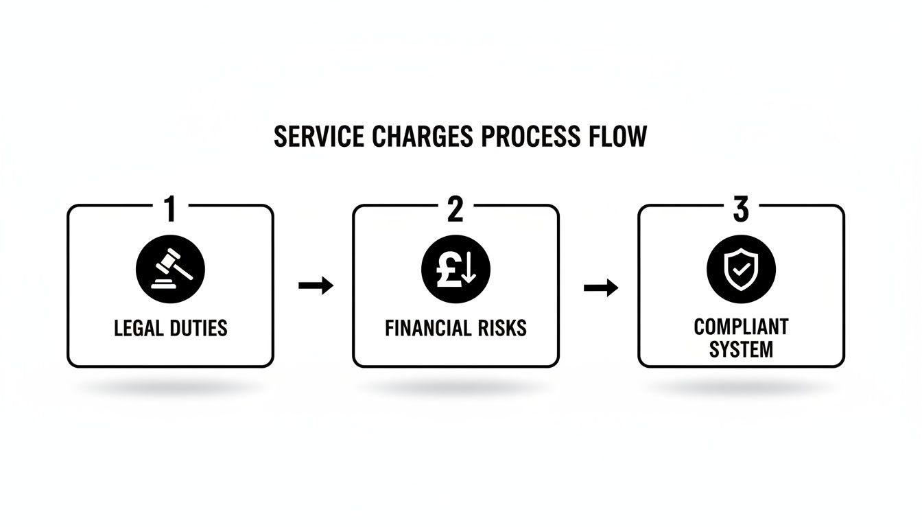 A service charges process flow diagram showing steps: Legal Duties, Financial Risks, and Compliant System.