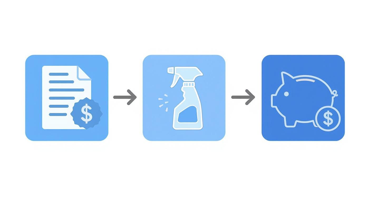 An illustration depicting a service charge document being 'cleaned' or reduced, resulting in savings in a piggy bank.