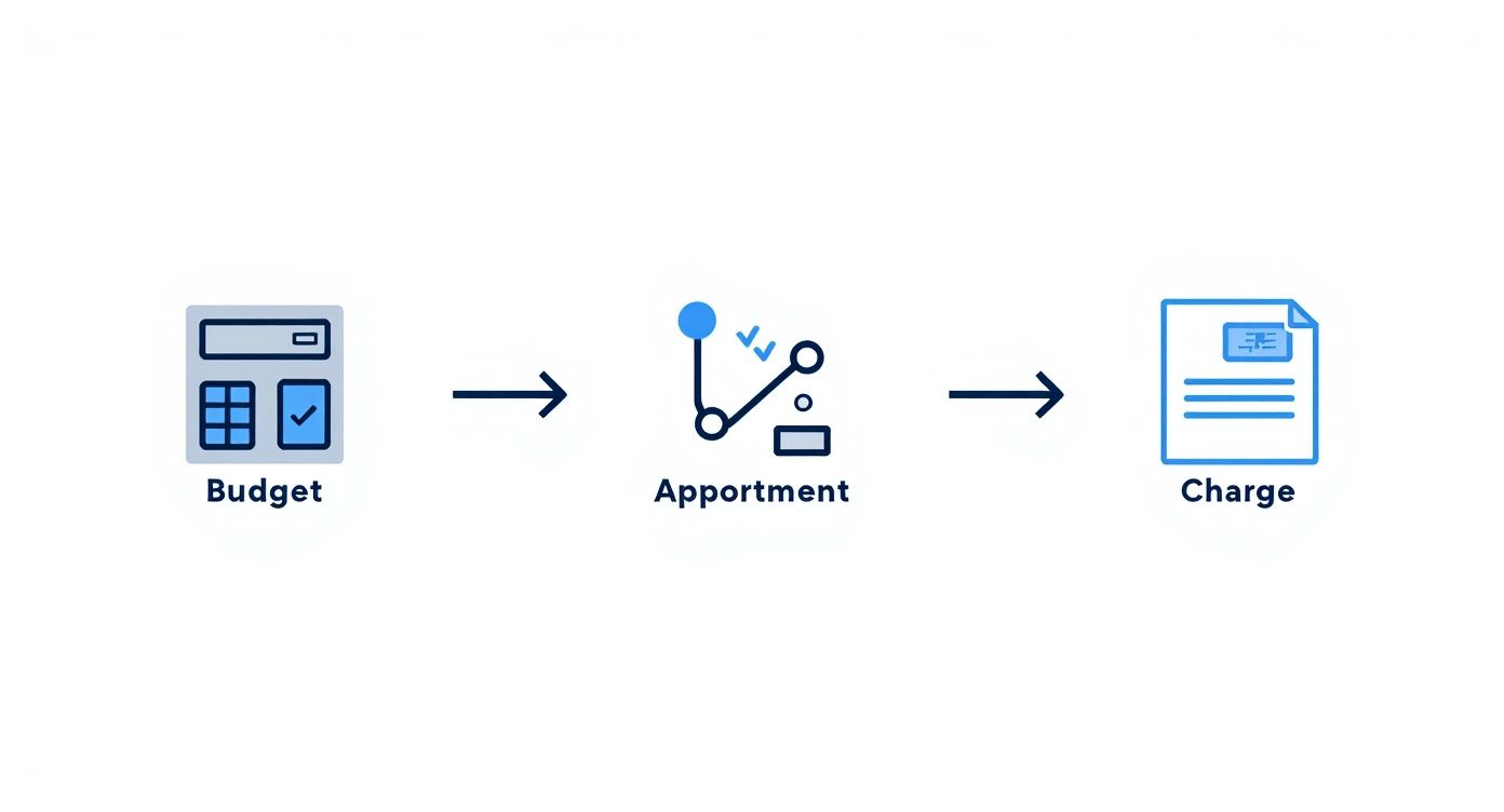Workflow diagram showing budget allocation leading to apportionment and resulting in service charge calculation