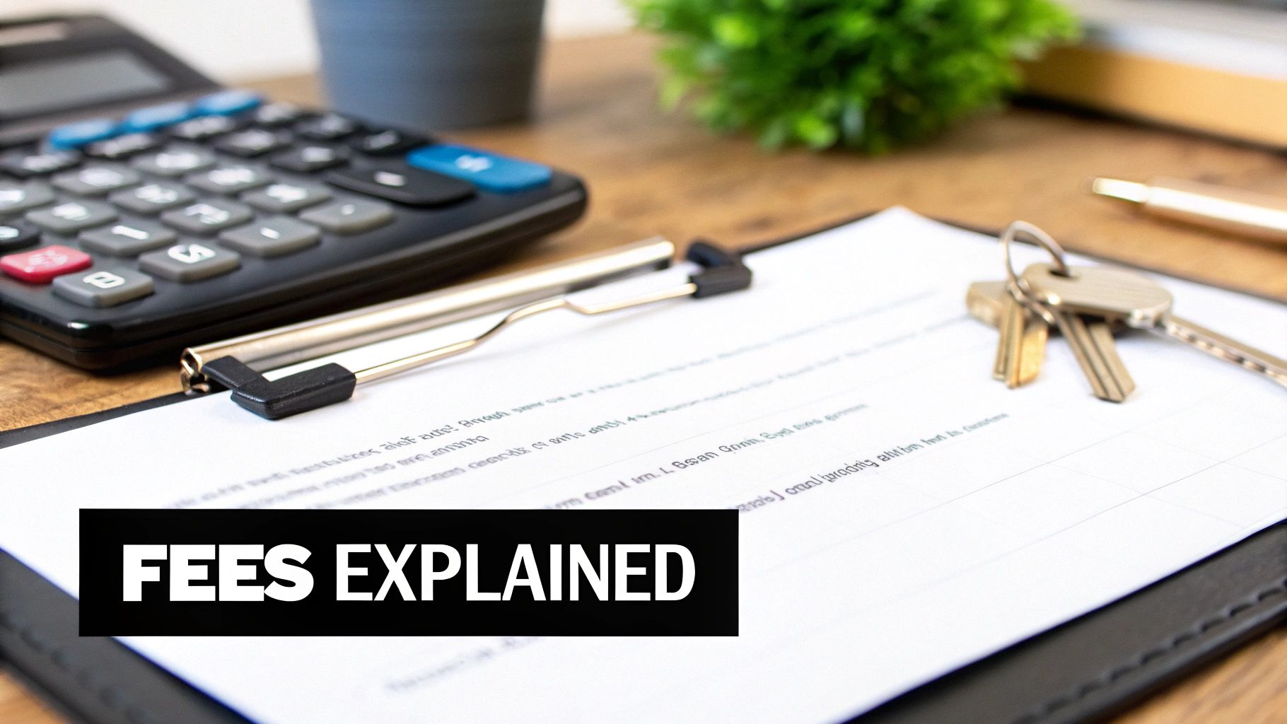 A calculator, pen, keys, and a document on a wooden desk, with a 'FEES EXPLAINED' banner.