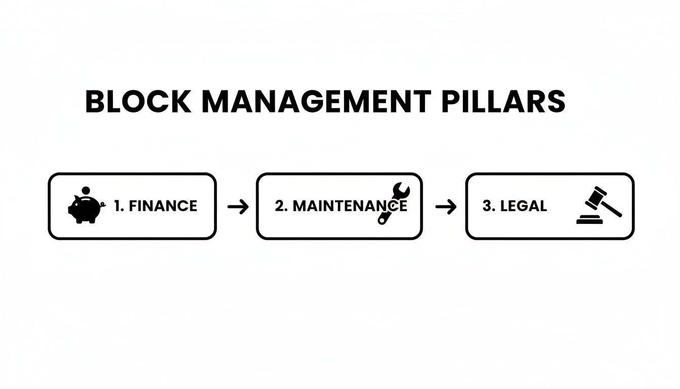 A diagram illustrating the three essential block management pillars: finance, maintenance, and legal, with corresponding icons.