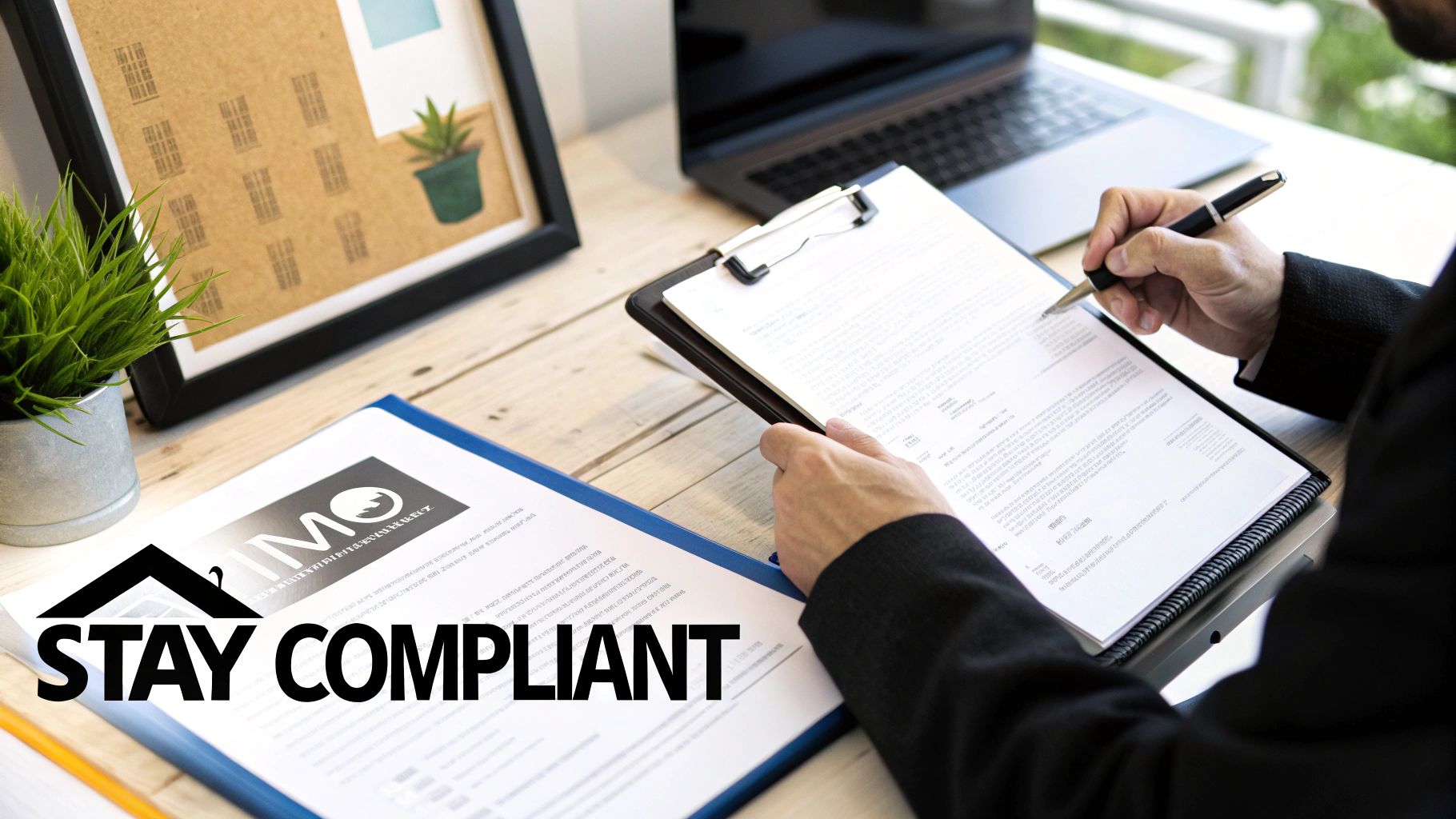 Close-up of a businessperson signing official documents on a wooden desk, emphasizing compliance.