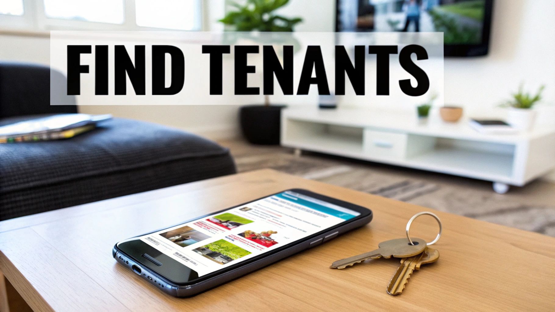 Smartphone displaying property listings and keys on a table, with 'FIND TENANTS' text for landlords.