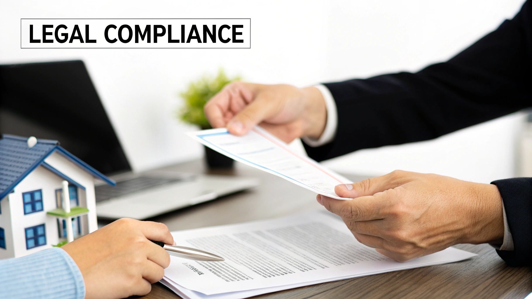 Two people discussing legal property documents, with a miniature house model and 'Legal Compliance' text.