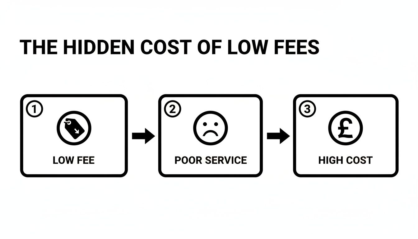 Diagram illustrating the hidden cost of low fees: low fee leads to poor service, then high cost.