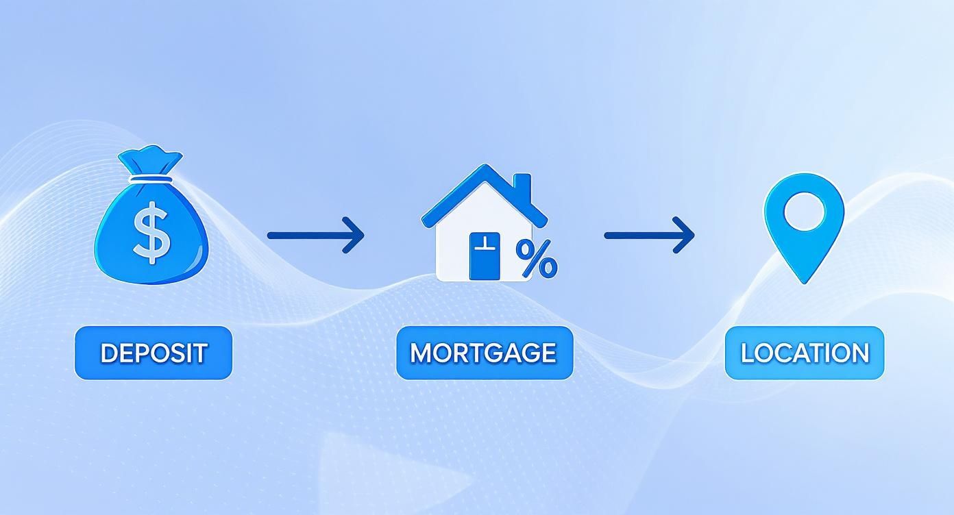 A conceptual blue image showing the home buying process: deposit, mortgage, and then location.