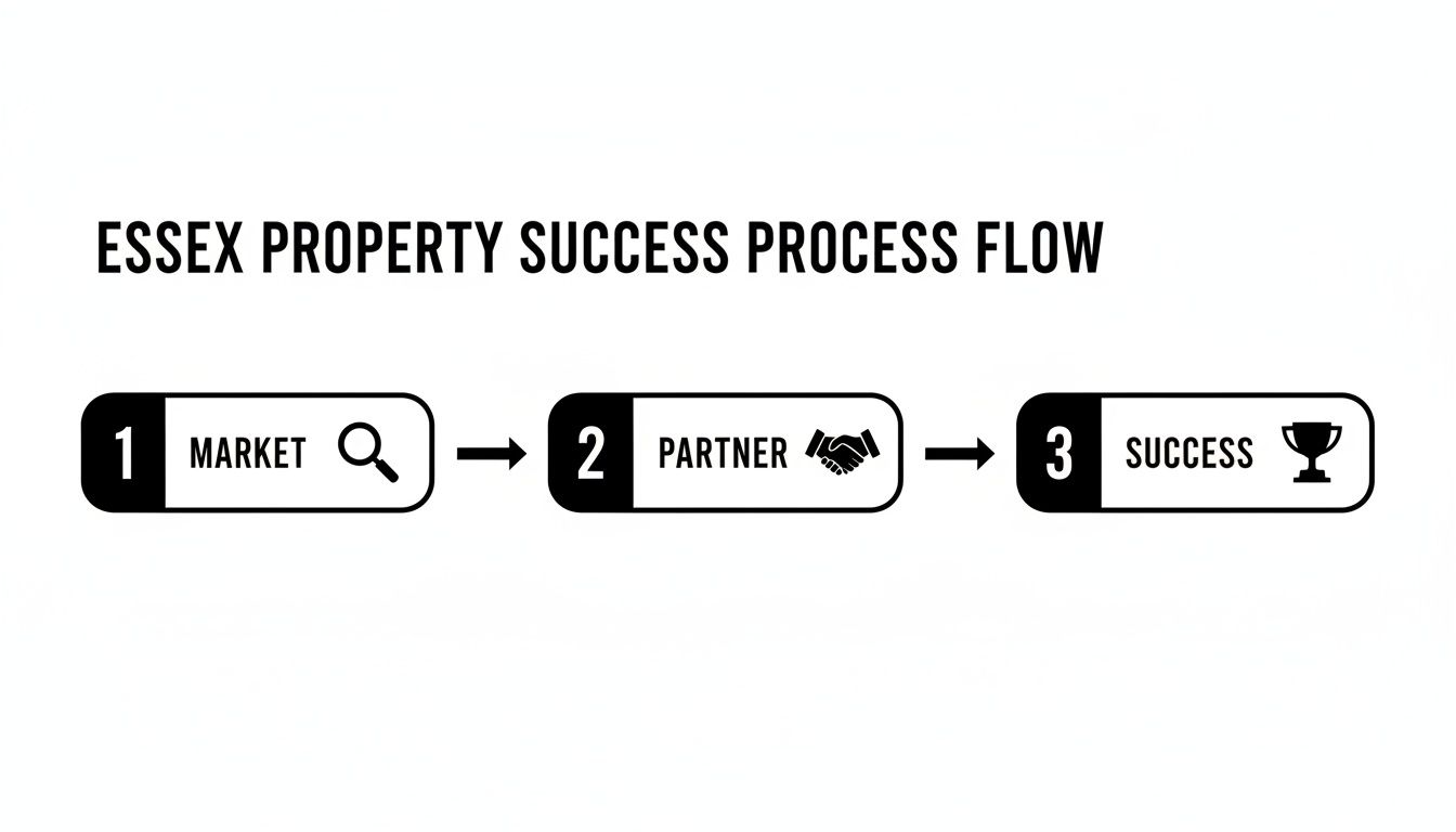 A clear process flow illustrating Essex property success through market research, partnering, and achievement.