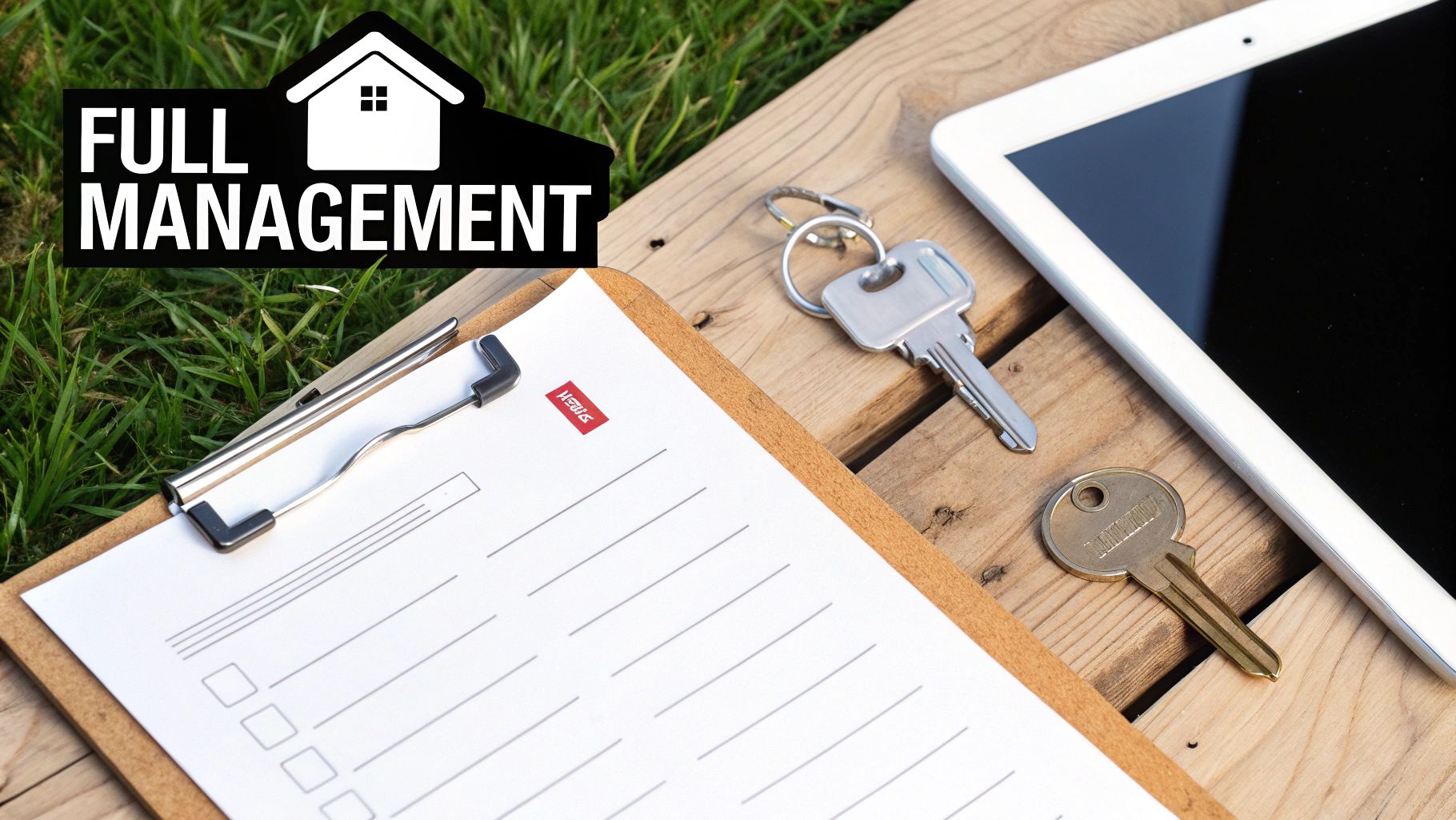 Full management banner over a clipboard with a checklist, keys, and tablet for property rental.