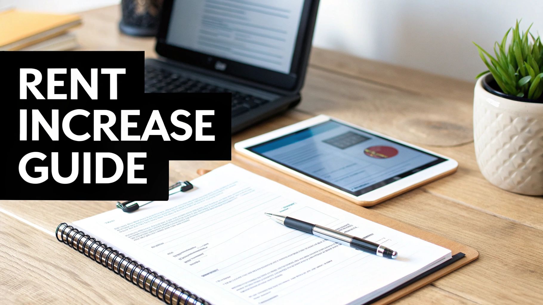 A desk with a laptop, tablet, a document with a pen, and a plant, displaying 'RENT INCREASE GUIDE'.