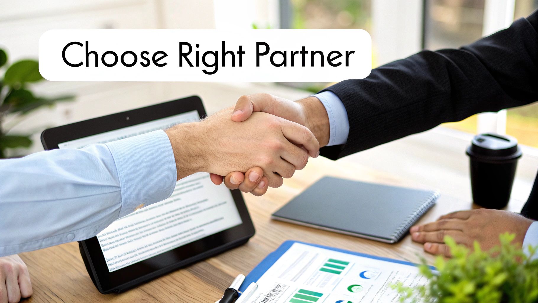 Two business professionals shake hands across a table with documents and a tablet, symbolizing partnership.
