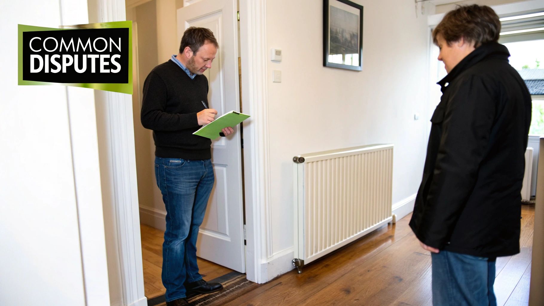 A man in a home writes on a clipboard, seemingly inspecting property as another person watches.