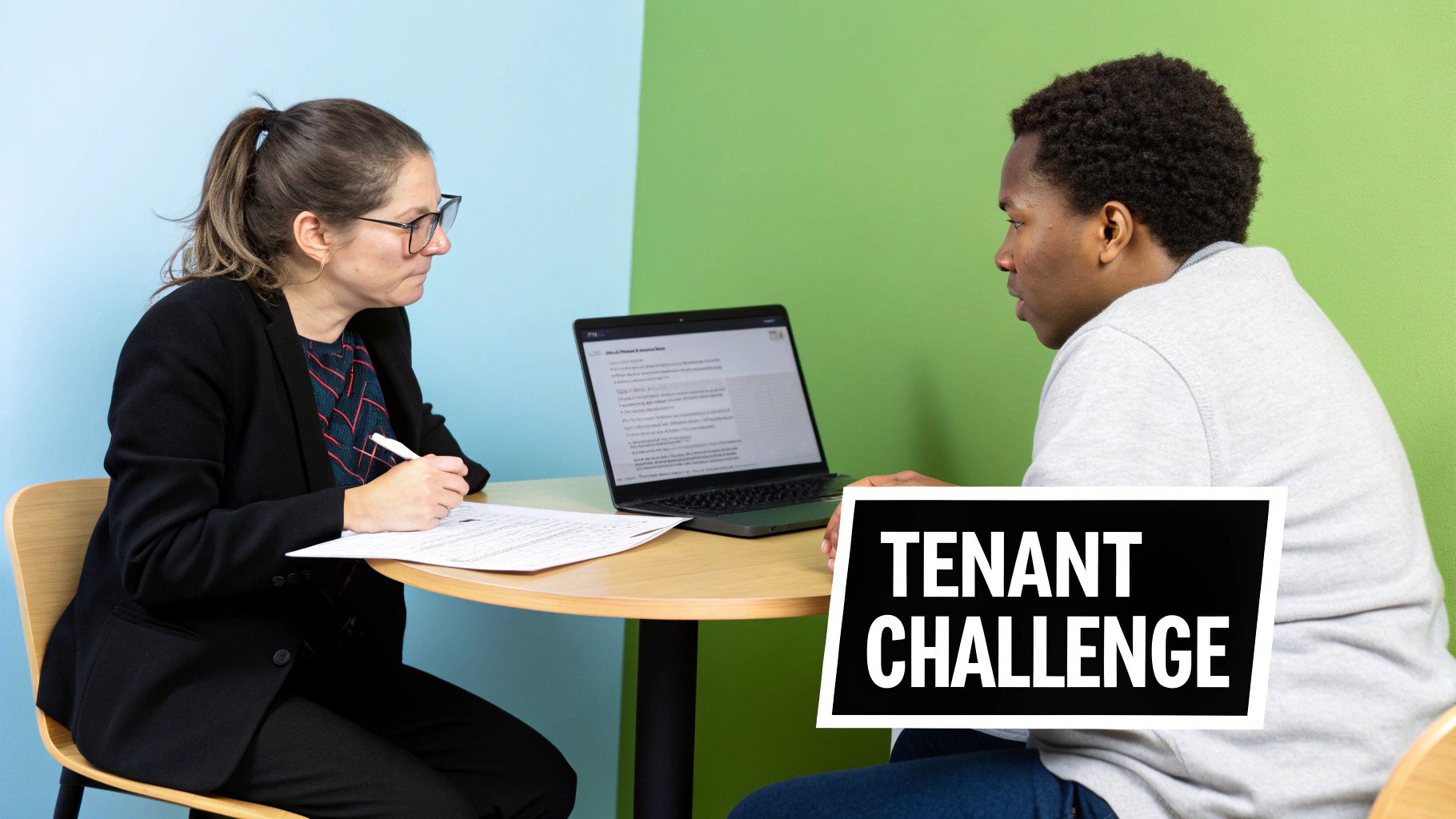 Two people, a woman writing on papers and a man listening, discuss at a table with a laptop, labeled 'Tenant Challenge'.