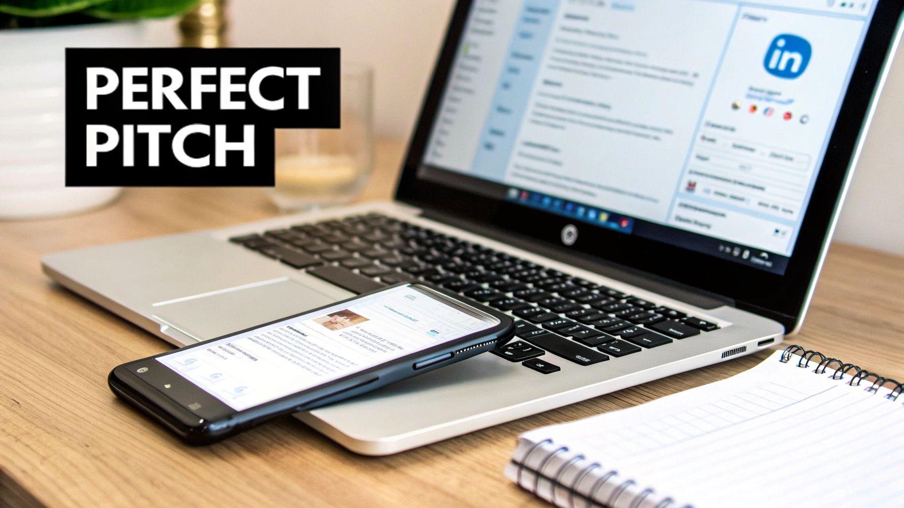 A professional workspace with a laptop displaying LinkedIn, a smartphone, and a notebook on a wooden desk with 'PERFECT PITCH' text overlay.