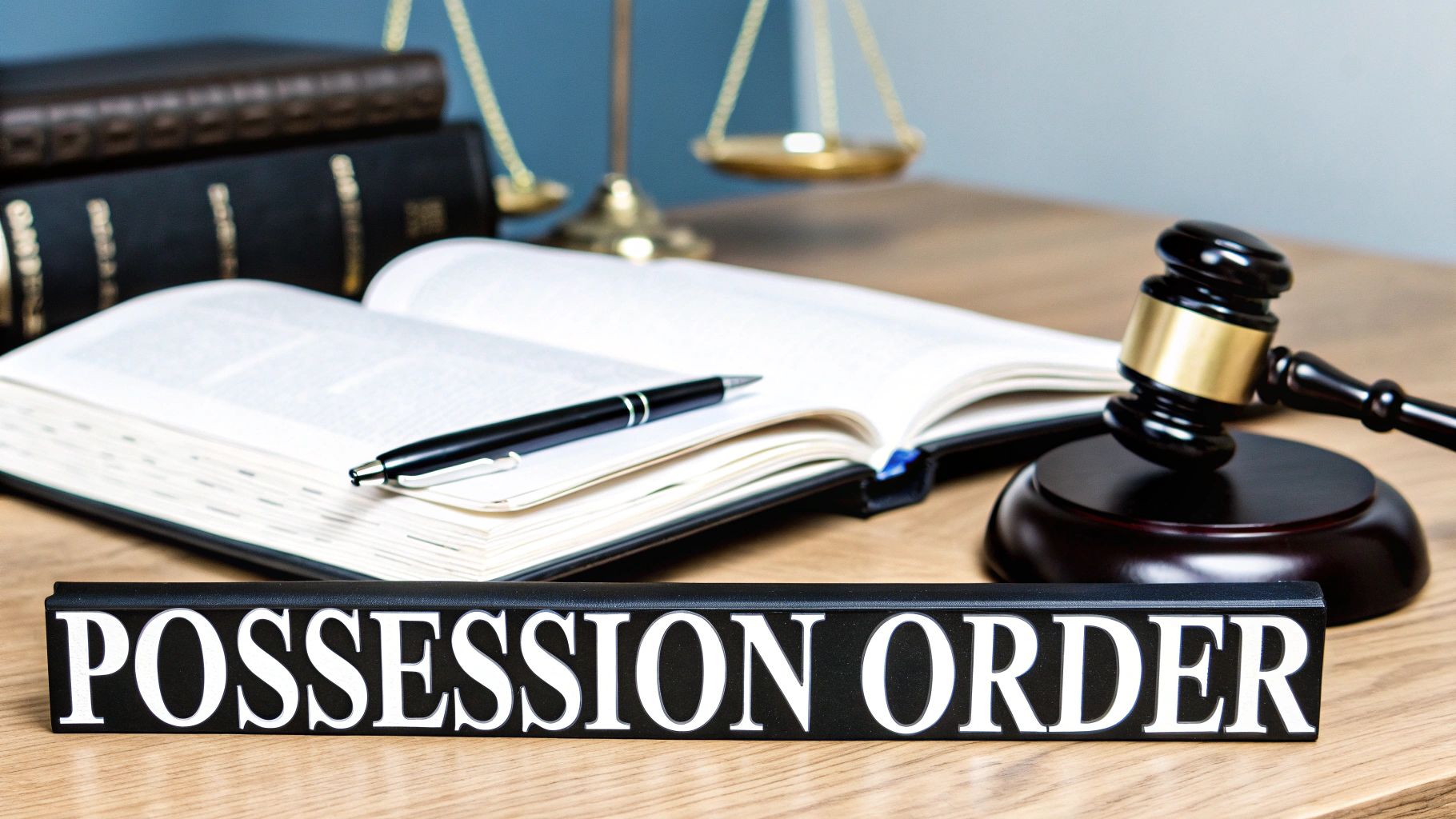 A legal setting with a 'POSSESSION ORDER' sign, gavel, law books, and scales of justice on a wooden desk.