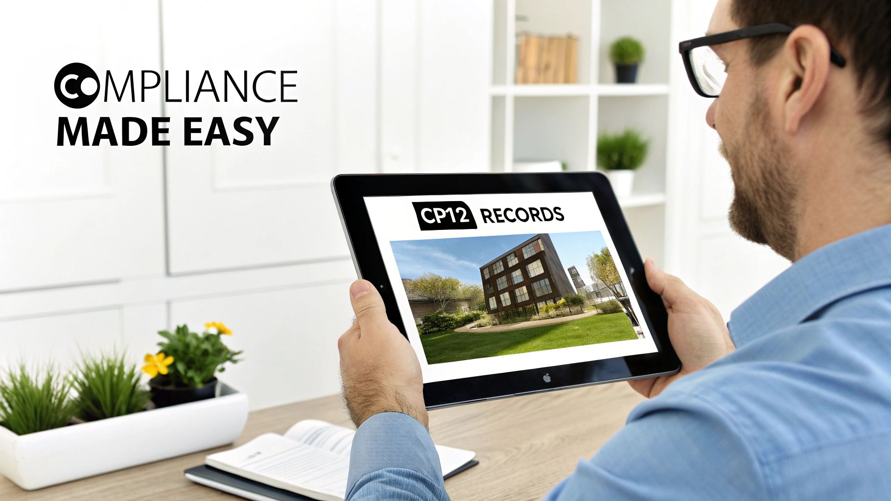 A man in glasses views 'CP12 RECORDS' and a modern building on a tablet, for easy compliance.