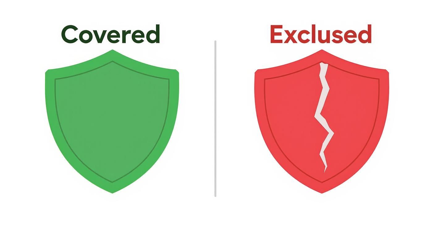 Two shields illustrate insurance status: a green shield is 'Covered', a red broken shield is 'Excluded'.