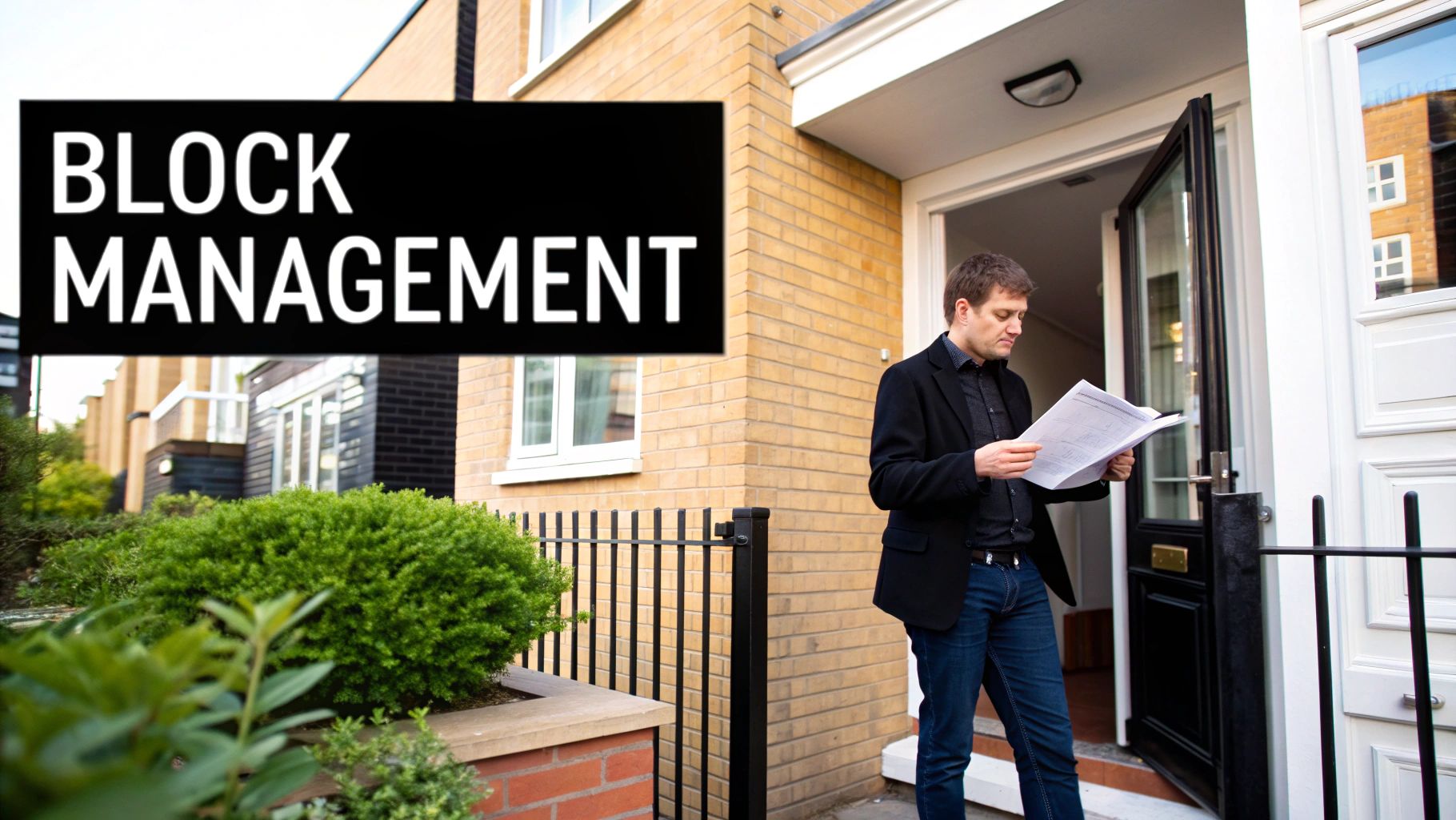 A man in a suit jacket and jeans reads documents outside a residential building with a 'BLOCK MANAGEMENT' sign.