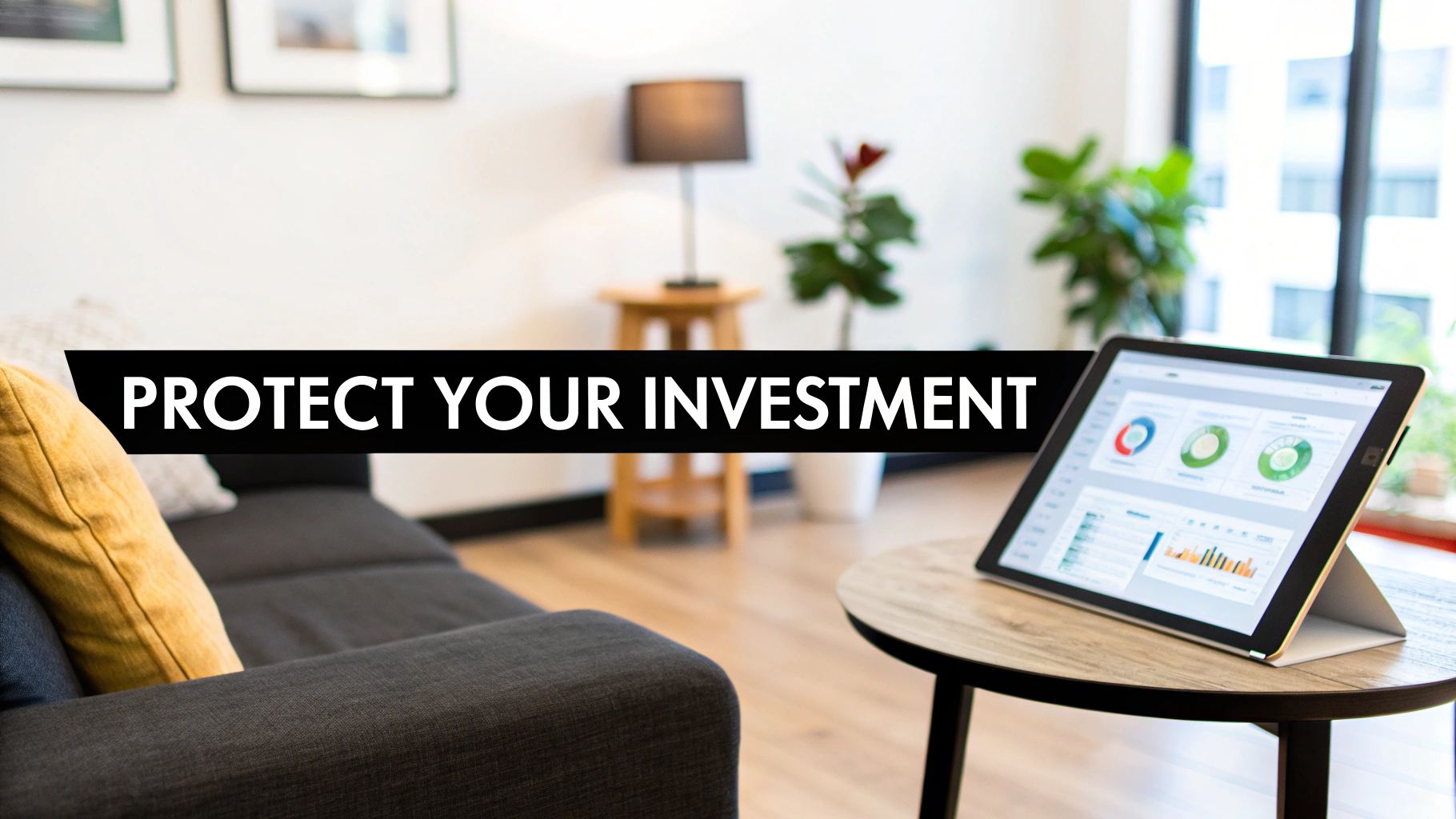 A black banner with white text 'PROTECT YOUR INVESTMENT' in a modern living room with a tablet showing financial data.