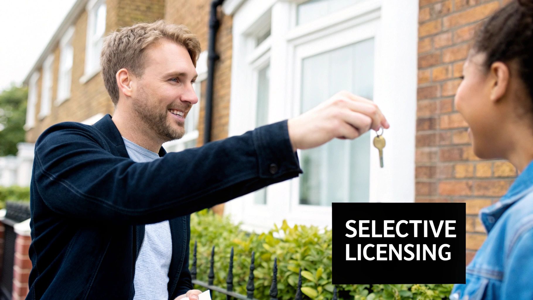 A smiling man hands house keys to a woman outside a brick residential building.