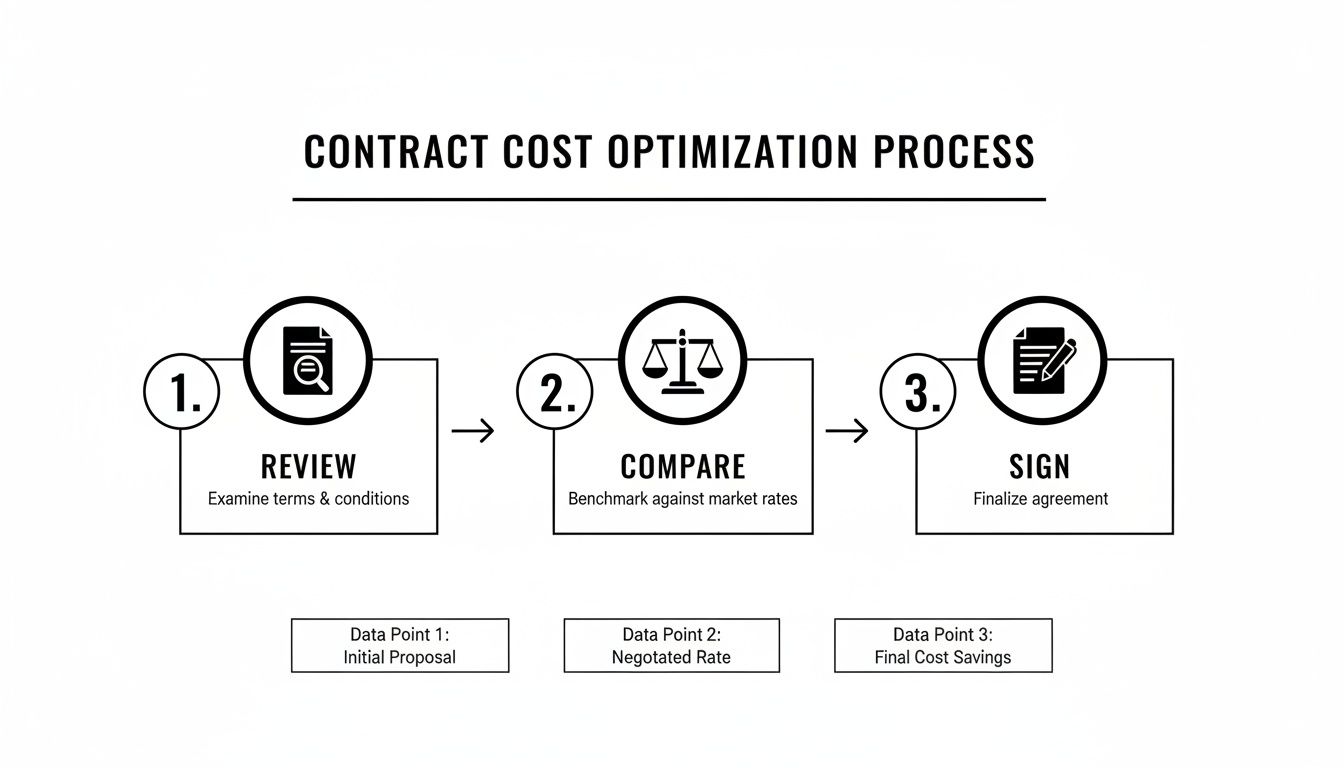 Flowchart illustrating a three-step contract cost optimization process: Review, Compare, and Sign, with data points.