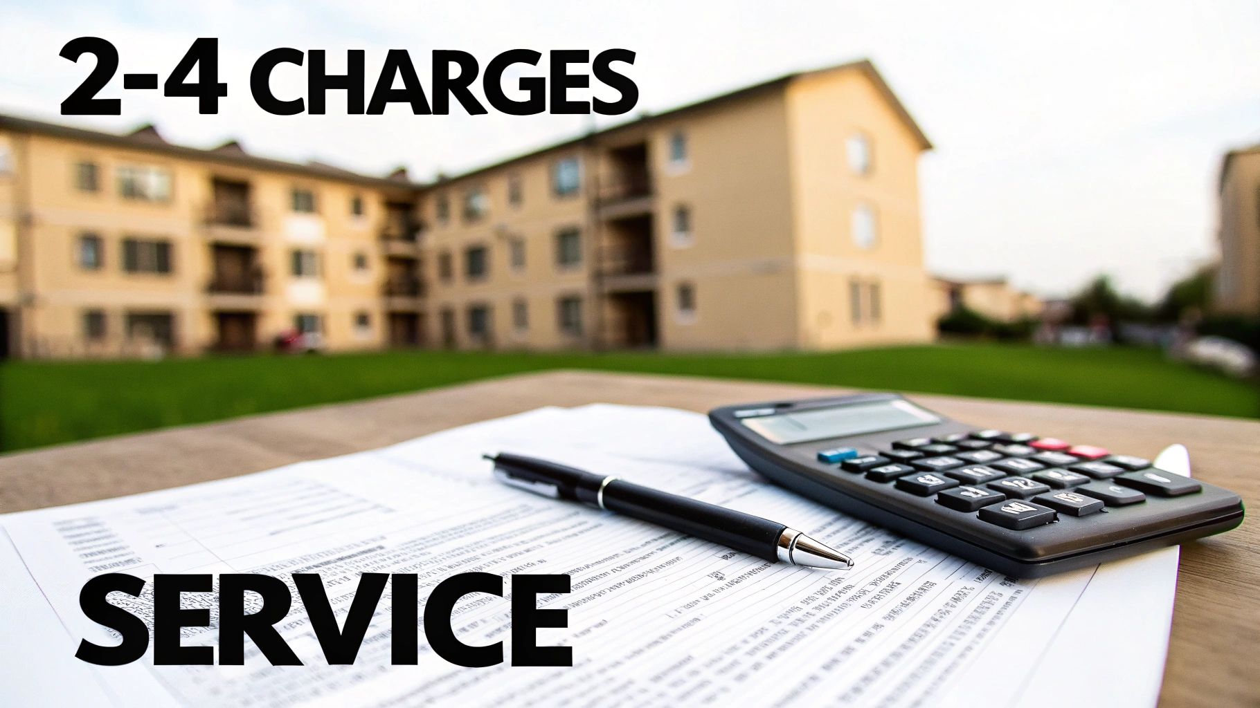 A calculator, pen, and document on a table with text '2-4 CHARGES' and 'SERVICE'. Apartment buildings in the background.