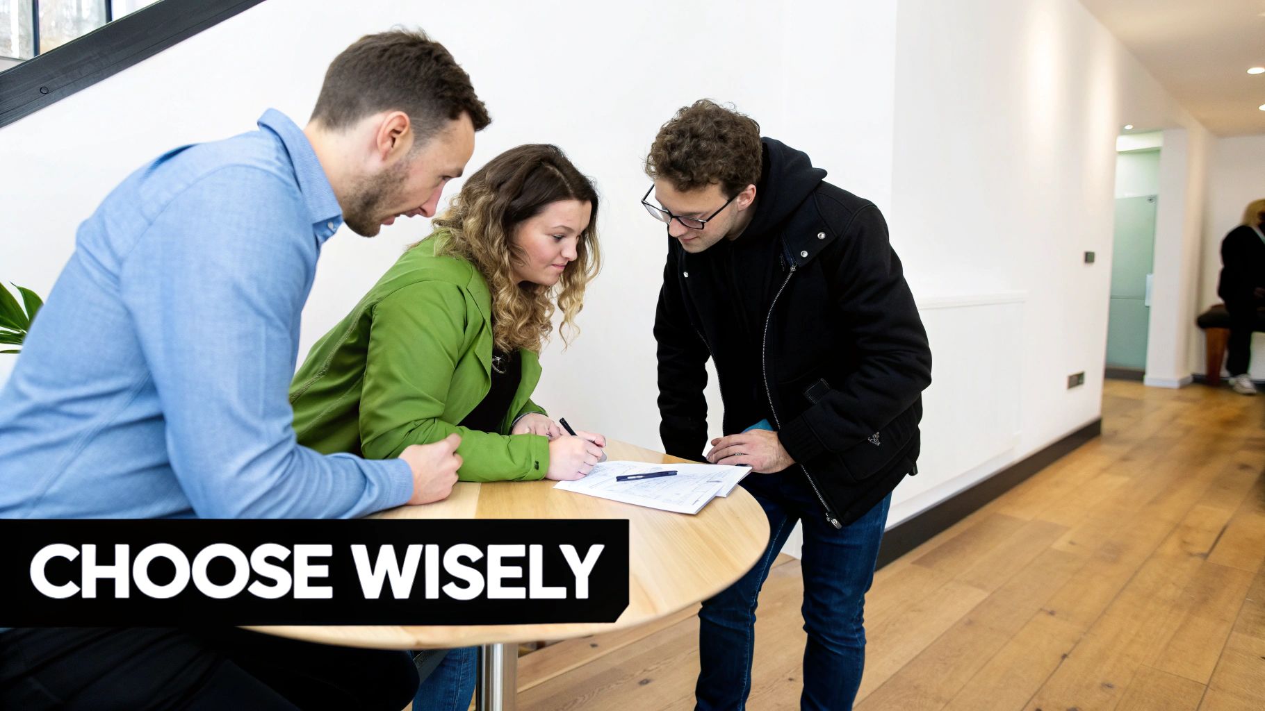 Three individuals, two men and one woman, gather around a table, reviewing and signing documents.