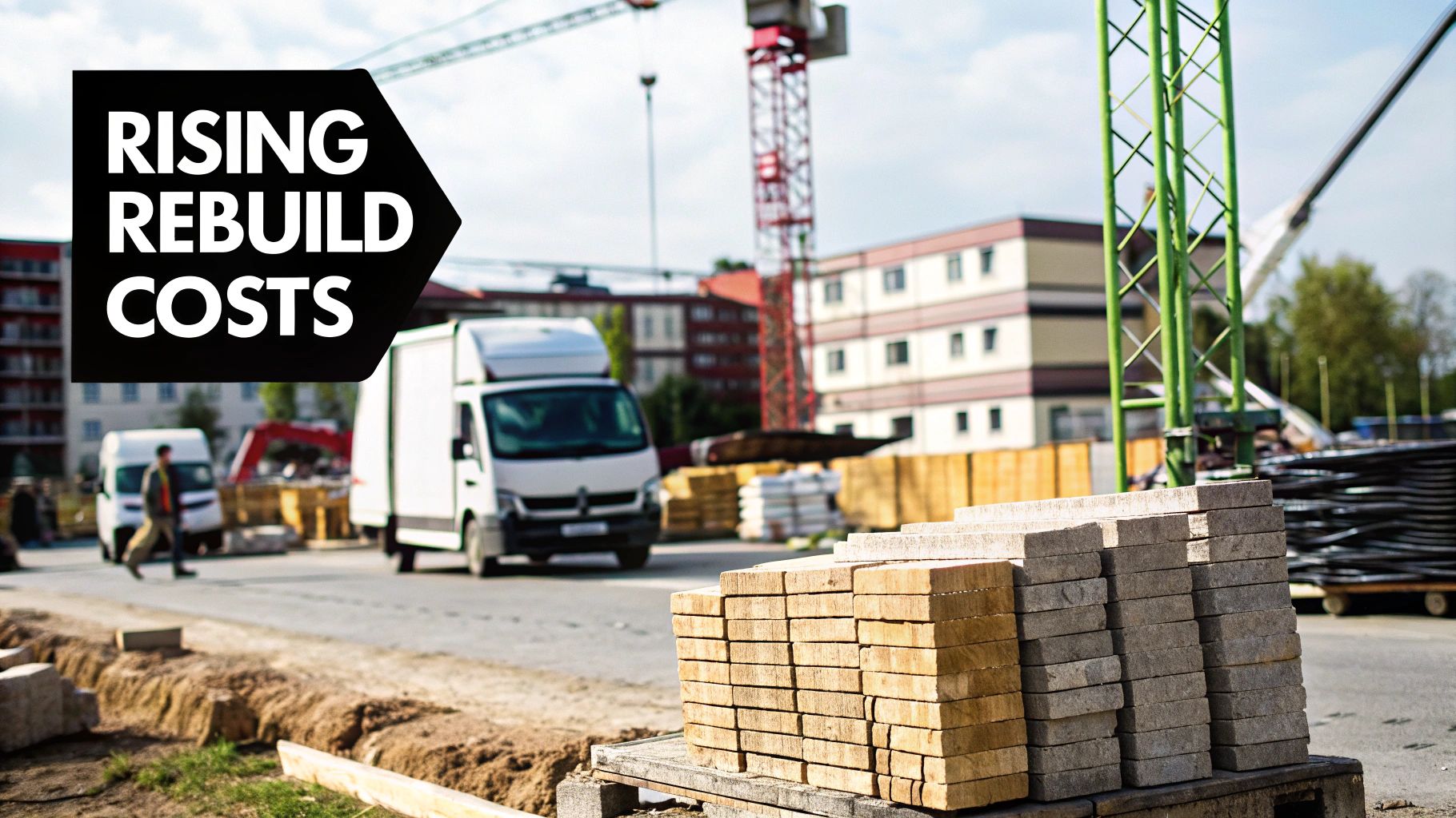 Construction site scene with building materials, trucks, and cranes, illustrating rising rebuild costs.