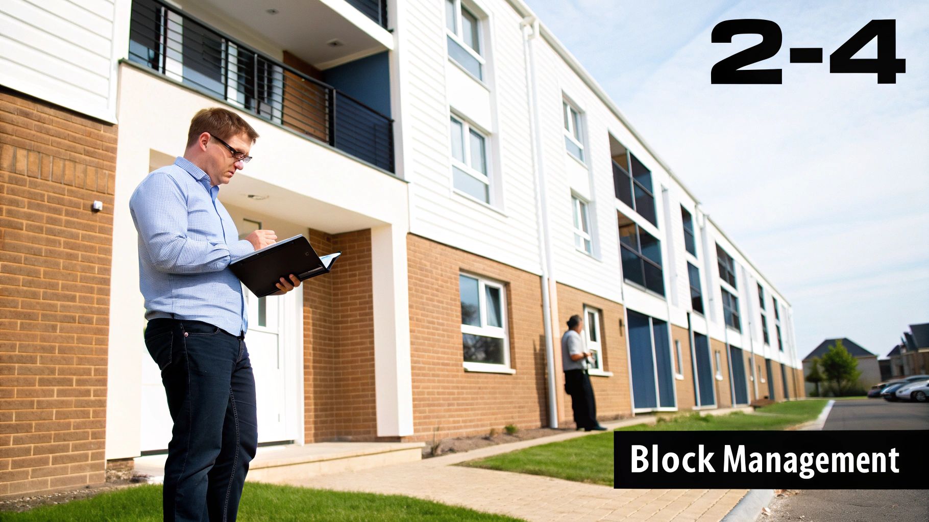 A property manager inspects a multi-unit residential building, taking notes in our folder.