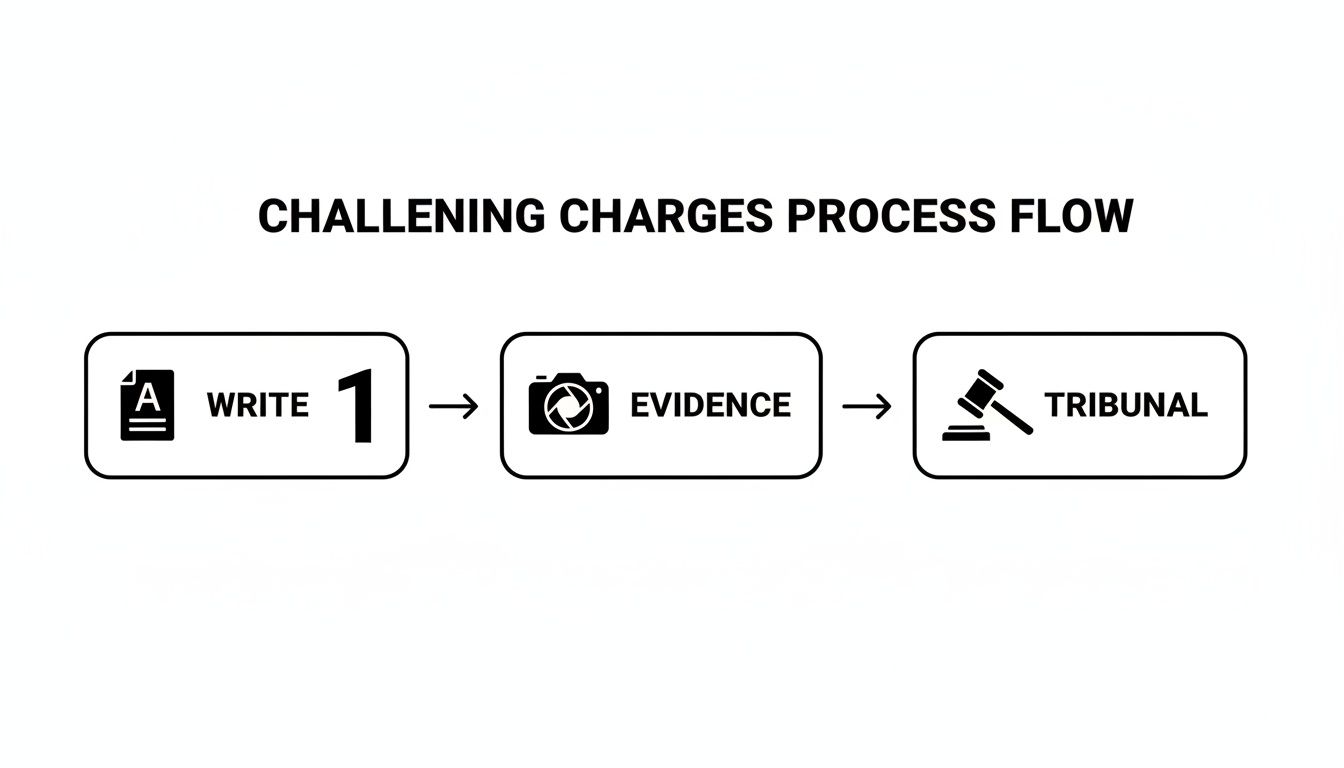 Infographic shows the challenging charges process flow, from writing and evidence to tribunal.